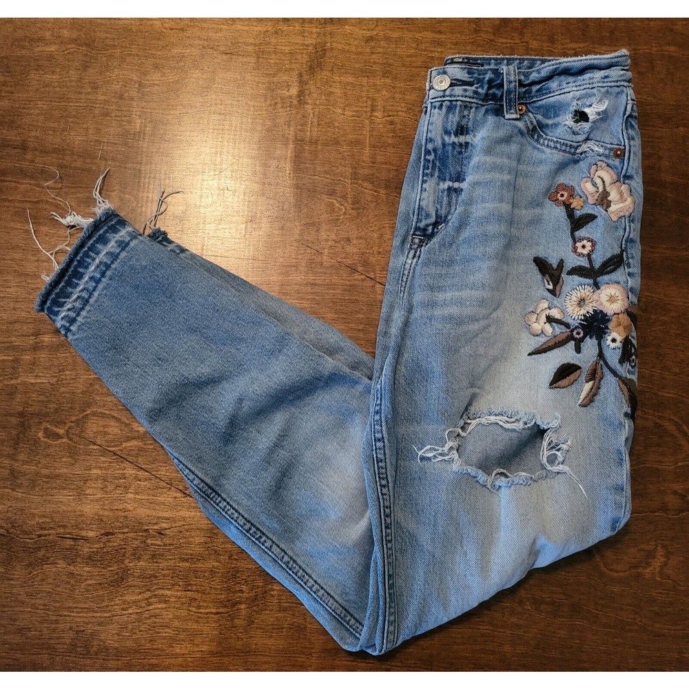 ABERCROMBIE & FITCH ANNIE HIGH RISE GIRLFRIEND JEANS, Embroidered, 25/0